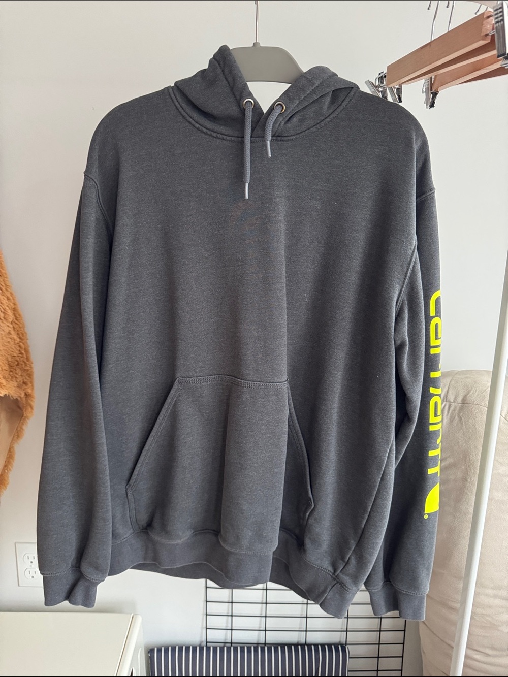 Carhartt Charcoal Hoodie with Yellow Sleeve Script